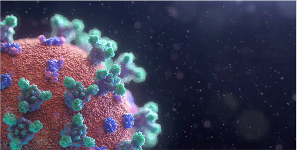3D-Darstellung eines Coronavirus: orangefarbene Kugel mit grün-blauen Spike-Proteinen vor dunklem Grund