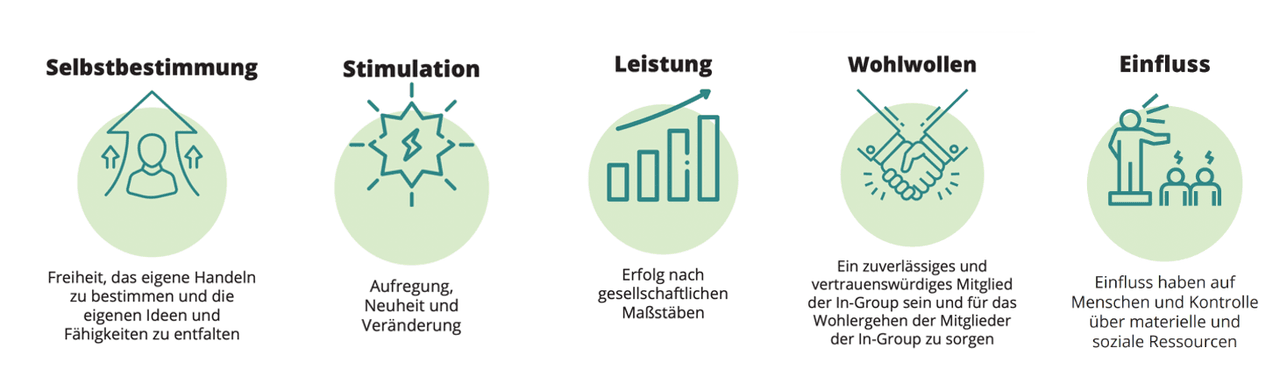 Fünf Wertekarten in dieser Reihenfolge: Selbstbestimmung, Stimulation, Leistung, Wohlwollen, Einfluss