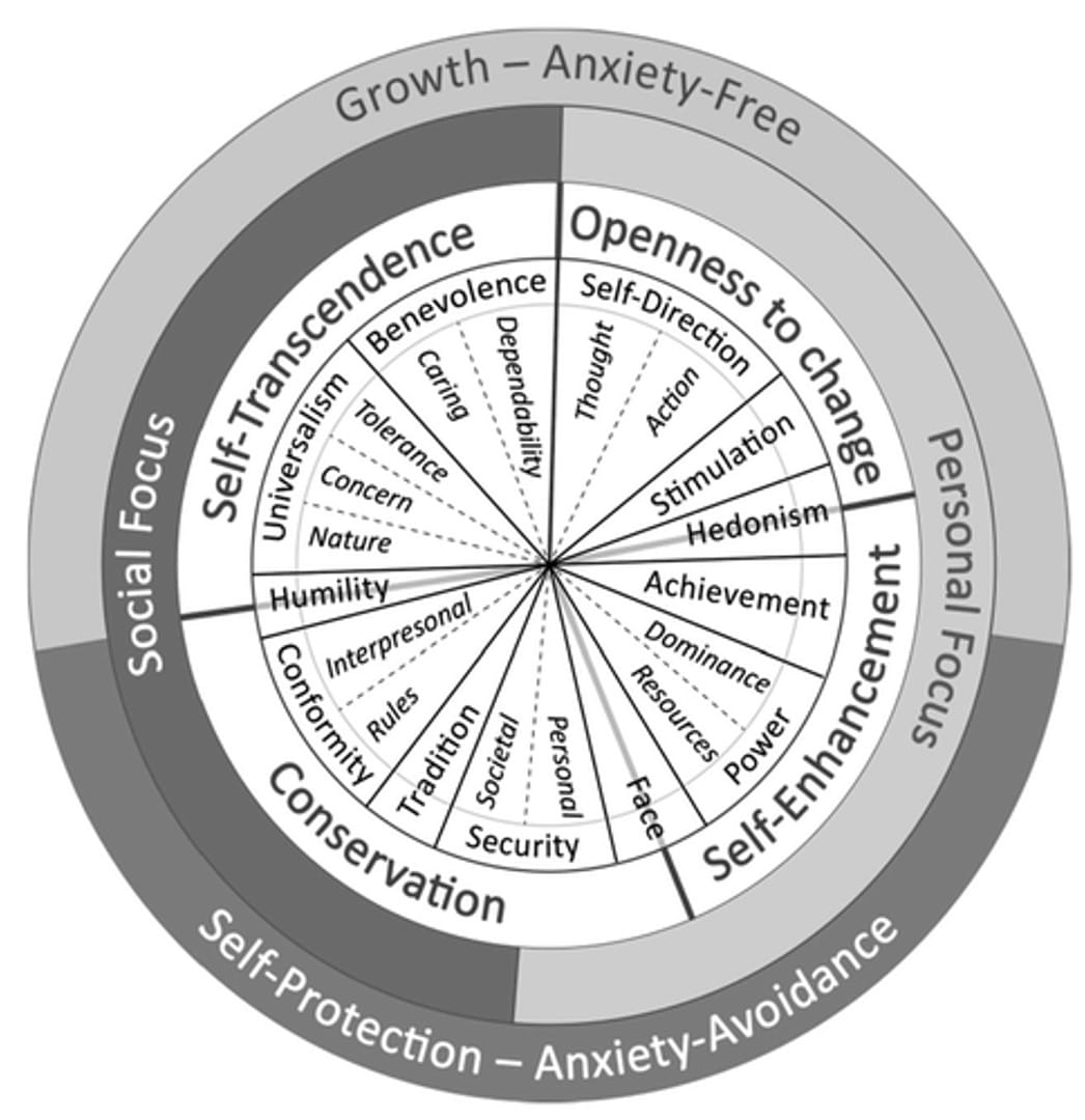 Wertekreis nach Schwartz mit den vier Bereichen Selbstüberwindung, Offenheit für Wandel, Selbsterhöhung und Bewahrung