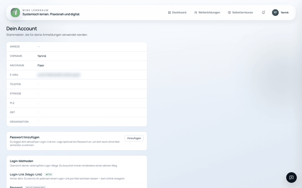 Profilseite im Lernraum mit Stammdaten und den Anmeldewegen Login-Link, Passwort, Google und Microsoft
