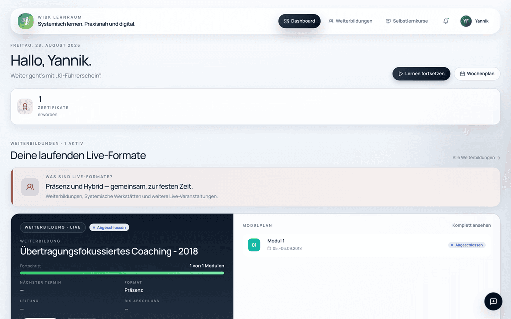 Dashboard im WIBK-Lernraum mit Begrüßung, laufender Weiterbildung samt Modulplan, digitalen Kursen und Zertifikaten