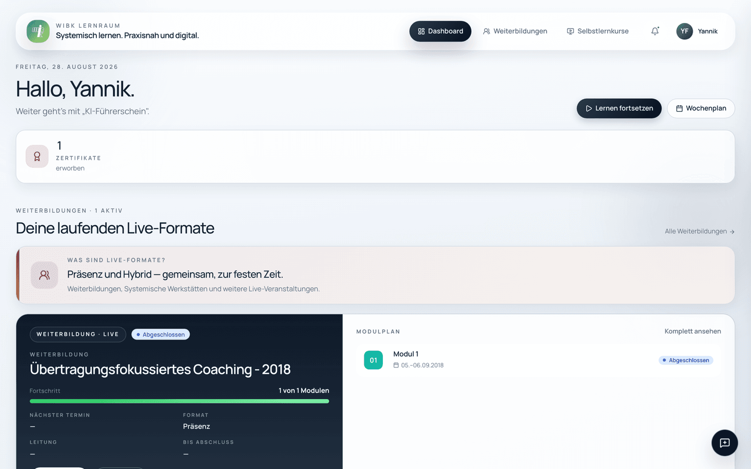 Dashboard im WIBK-Lernraum: Begrüßung, laufende Weiterbildung mit Modulplan, digitale Kurse und Zertifikate