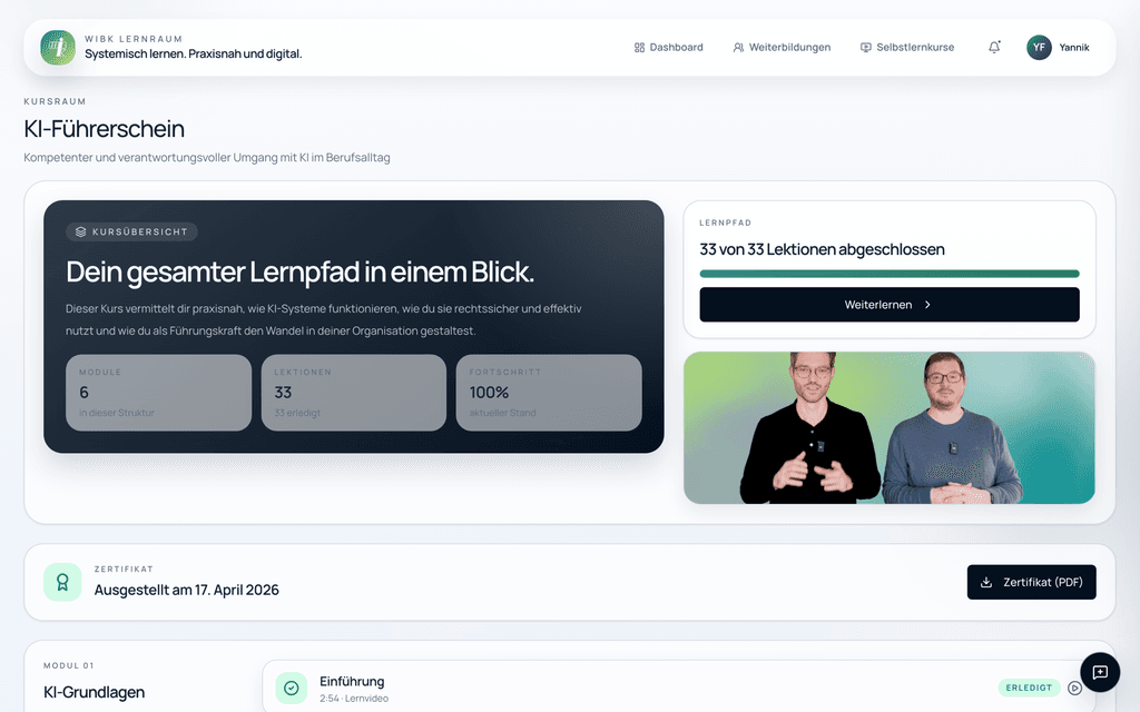 Kursraum eines Selbstlernkurses mit Lernpfad, Modulen, Lektionen und Zertifikat-Download