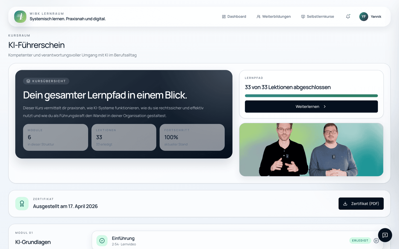 Kursraum eines Selbstlernkurses mit Lernpfad, Modulen, Lektionen und Zertifikat-Download