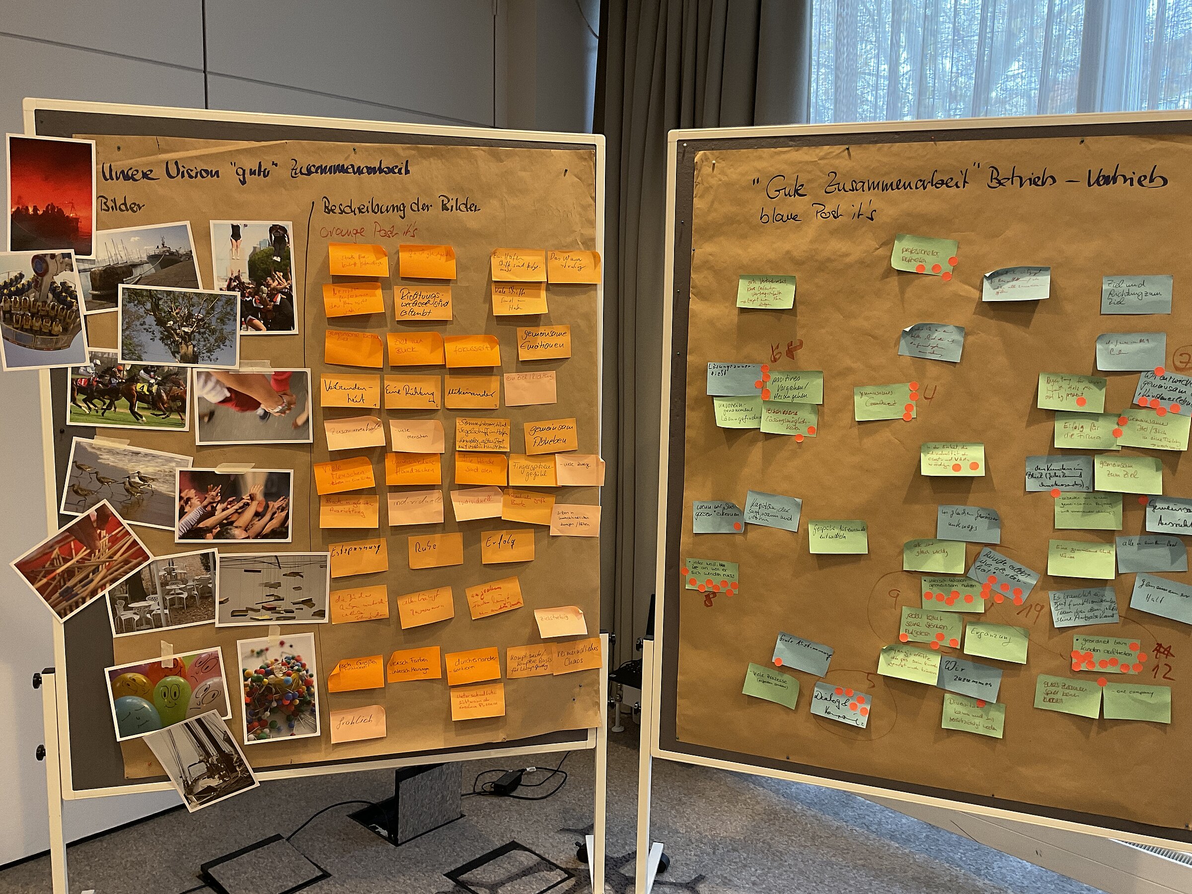 Zwei Workshop-Pinnwände: links „Unsere Vision gute Zusammenarbeit“ mit Fotos und Moderationskarten, rechts „Gute Zusammenarbeit Betrieb – Vertrieb“ mit Post-its